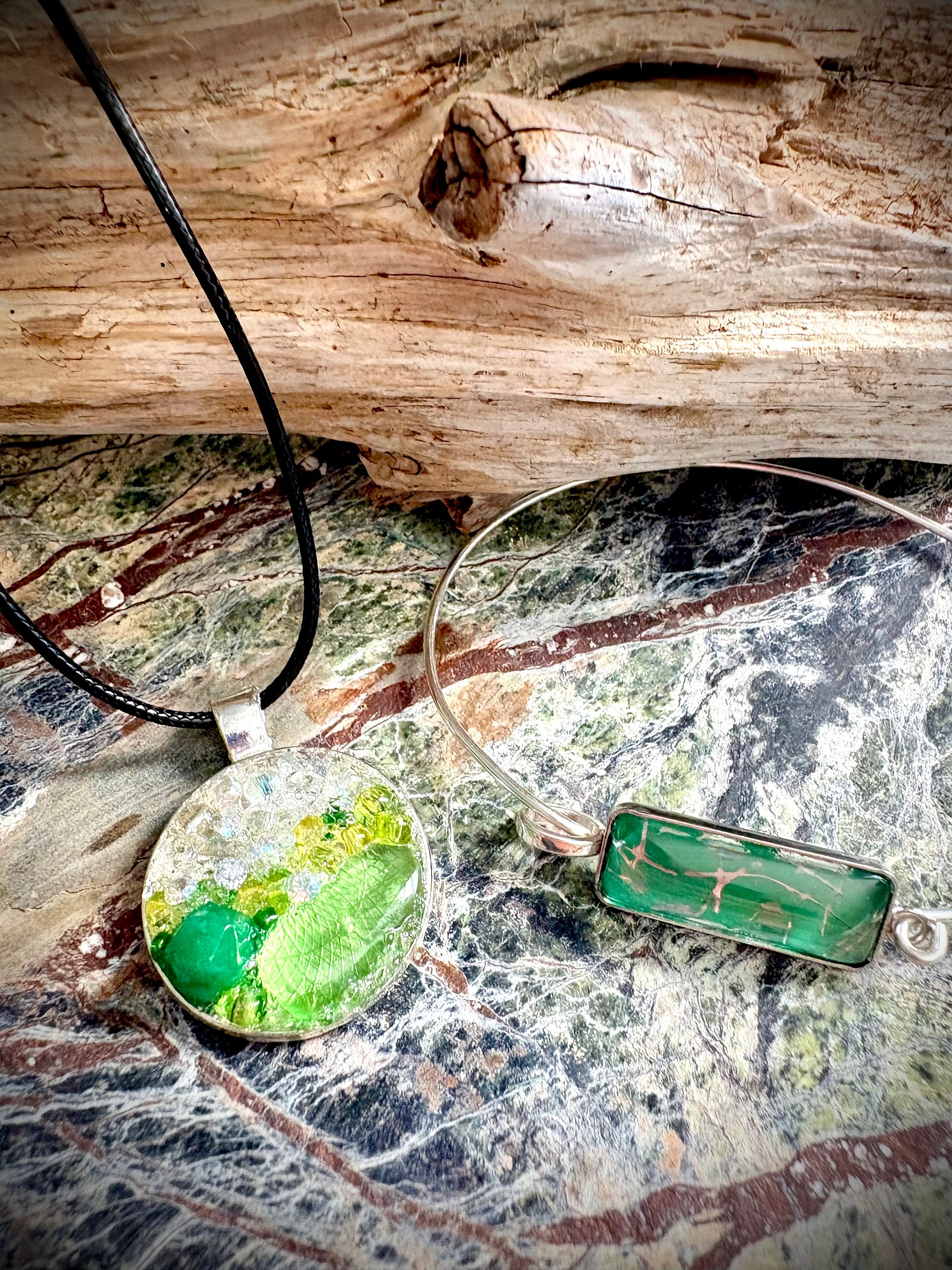 MFD-00174 | ⚡ Electric Tide Bangle | 7.75" Silver-Plated Wire Bracelet with Green and Silver Marbling | Rectangle Charm | Handmade Coastal Charm Jewelry by Monique Faella Designs™ product image (6)