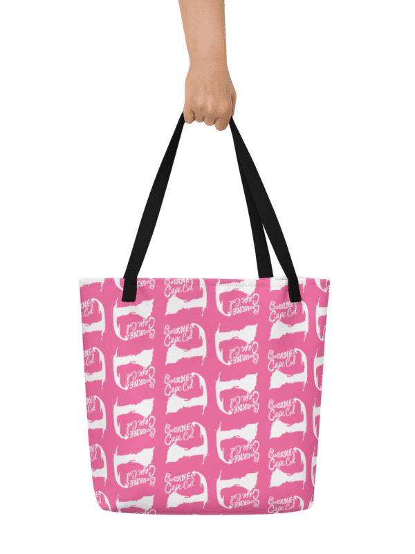 BOURNE to Cape Cod™ | Large Tote Bag with Pocket | Coastal Classic | All-Over Logo Print | White Logo Repeat on Brilliant Rose product image (1)