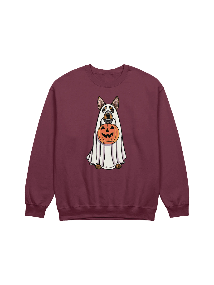 Funny Halloween Australian Cattle Dog(3) Sweatshirt | Funny Blue Heeler Wearing a Ghost Costume and Holding a Pumpkin Basket product image (12)