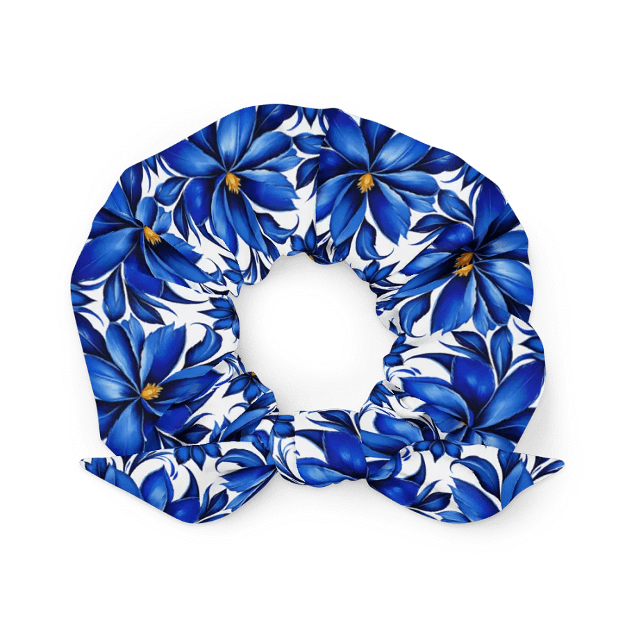 Hair Scrunchie - Painted Blue Flowers on White product image (2)