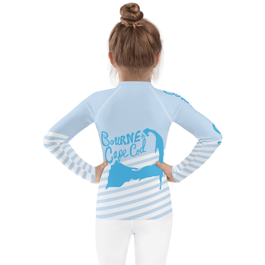 Girls' | Little KIDS | Rash Guard | BRN.2C.C.™ Front Print | BOURNE to Cape Cod™ Back & Sleeve Logo | Coastal UV Shirt for Active Kids | Slim Fit Swim Top | Blue Logo on Patriotic Pastels product image (2)