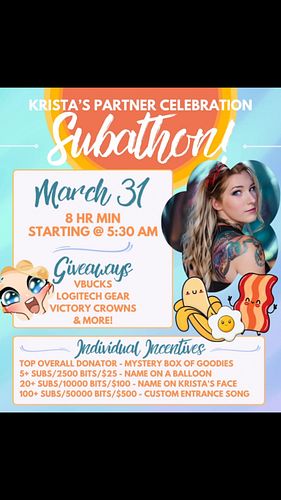 We’re celebrating hitting partner with a subathon! Starting Monday March 31 @ 5:30am! Come join us for lots of fun! 🫶🫶🫶