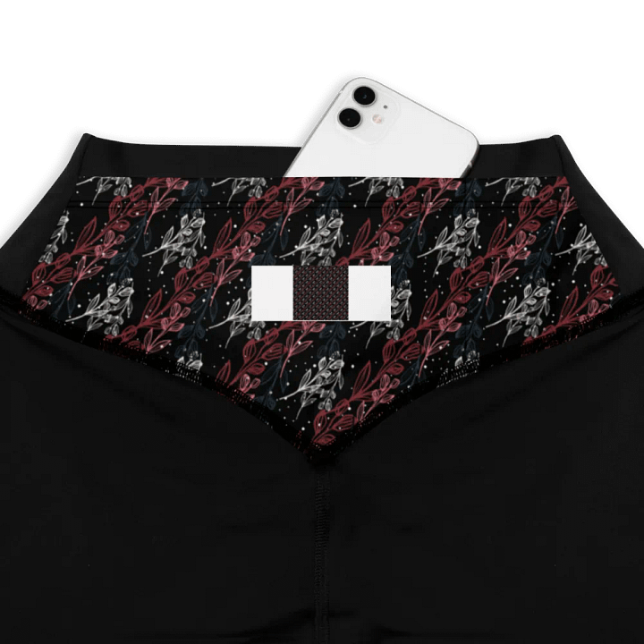 Dark sports Leggings in unusual diagonal red apricot design on black design with slight sparkle. product image (1)