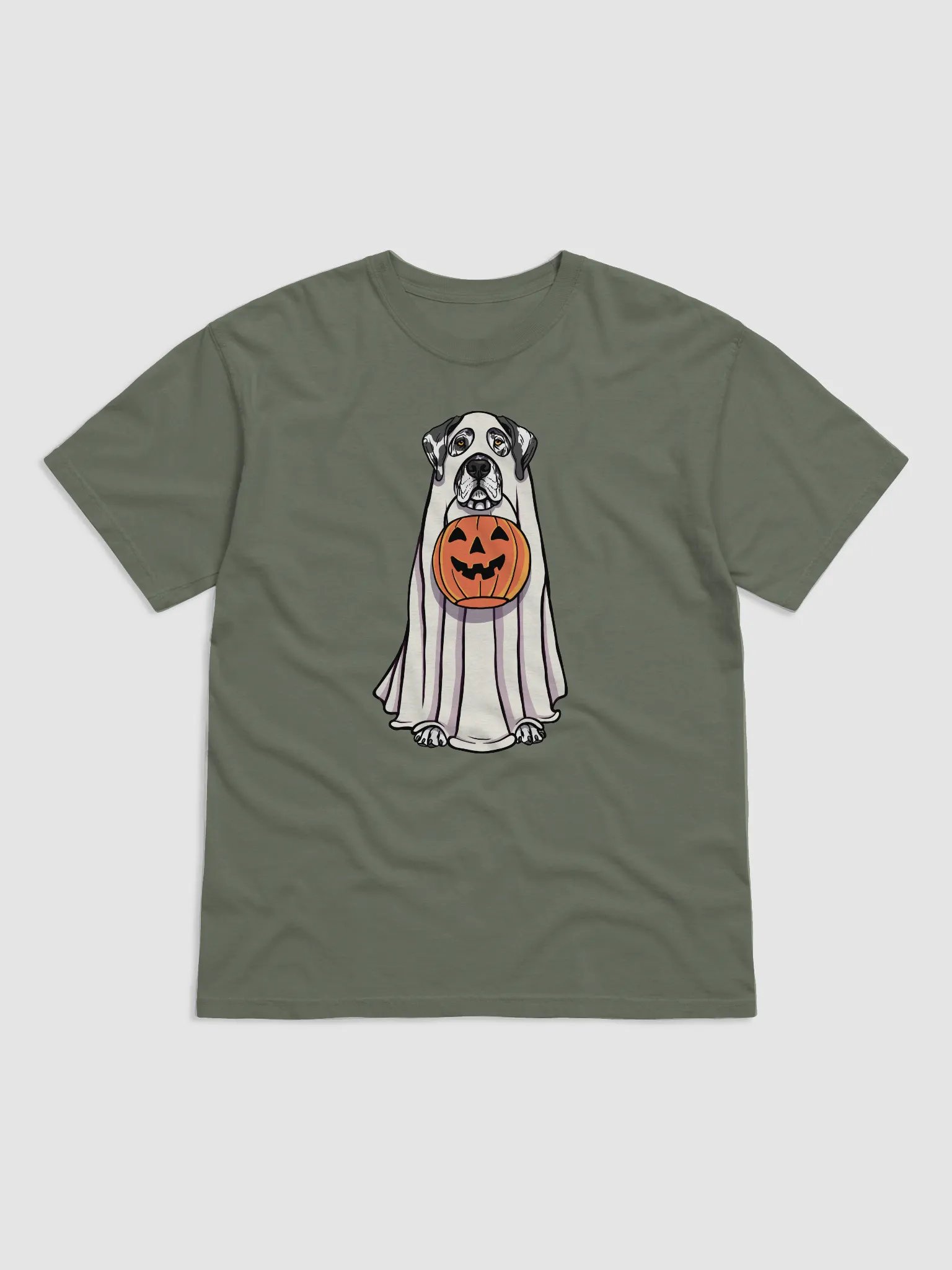 Funny Halloween Great Dane(Harlequin) T-Shirt | Funny Great Dane Wearing a Ghost Costume and Holding a Pumpkin Basket product image (8)
