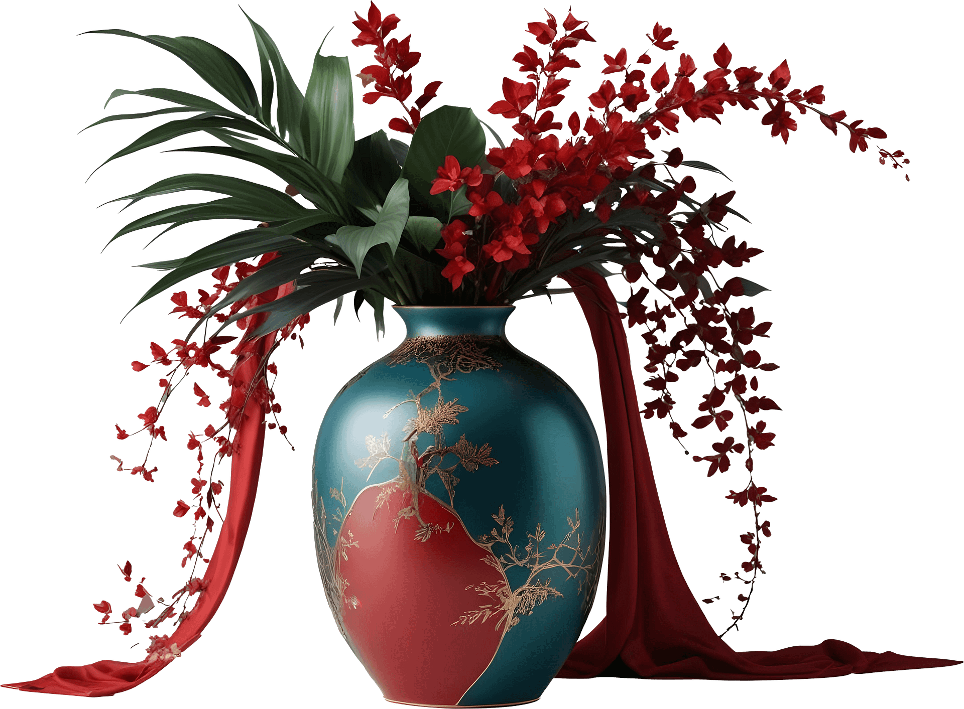 Chinese Porcelain Vase – Red and Teal Elegance with Festive Blossoms PNG product image (1)
