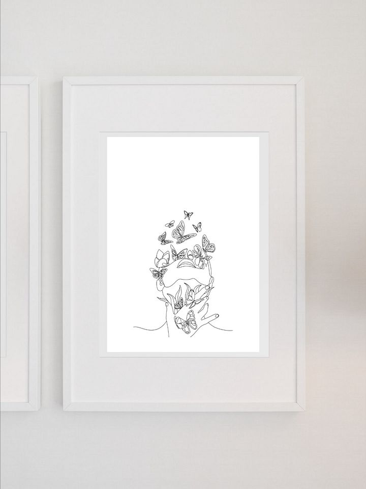 Butterfly Line Art Print - Minimalist One-Line Drawing of Woman with Butterflies, Modern Wall Art, Black and White Feminine Decor product image (1)