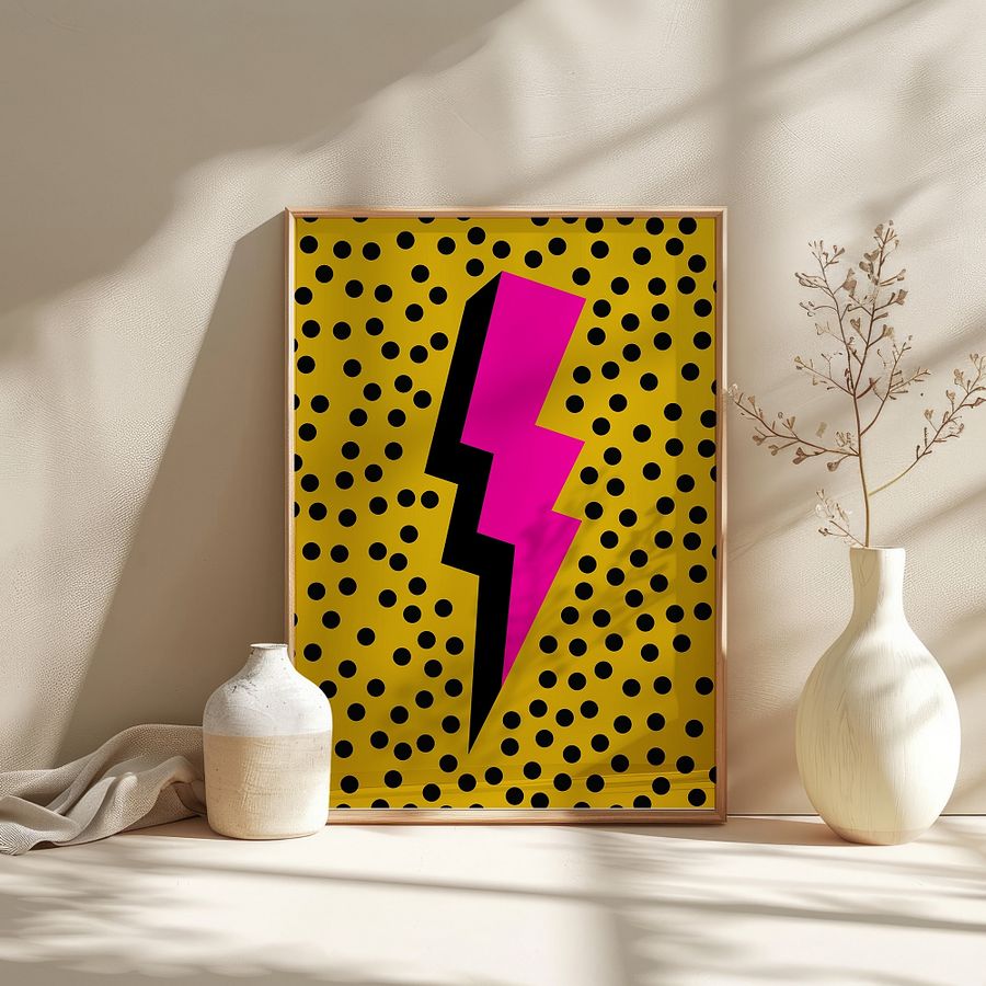 Pink Lightening Bolt on Yellow Dotted Retro Art Print product image (6)