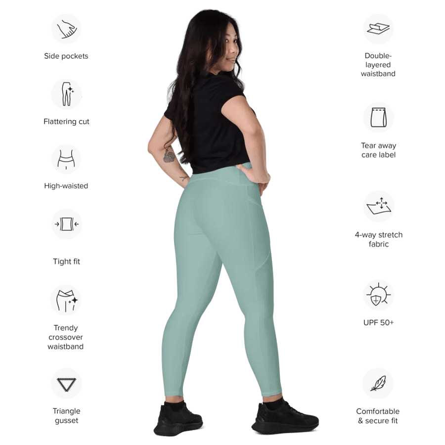 Plain Light Teal Green Soft Summer Women's High Waisted Premium Crossover Leggings with Pockets by Treasure Pie product image (10)