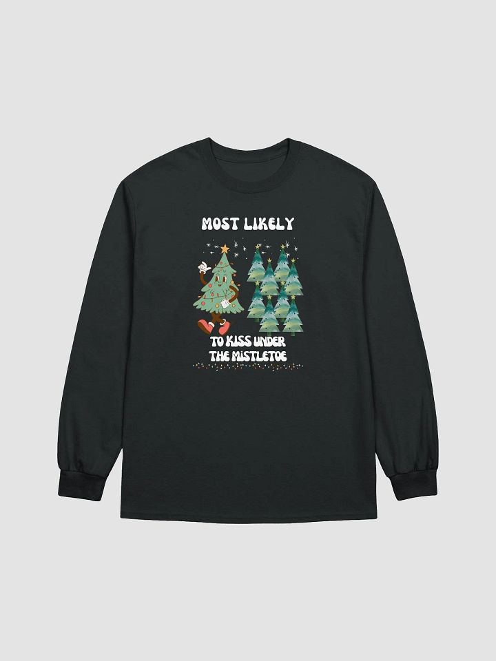 Festive Most Likely to Kiss Under the Mistletoe Merry Retro Christmas Tree Long Sleeve Tee product image (1)