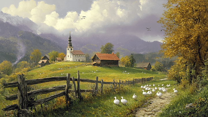 Vintage Farm and Church Landscape Painting - No Frame, Digital Download product image (2)