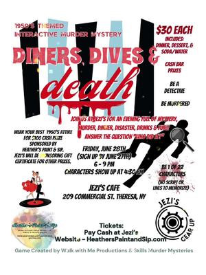 Us sisters at Skills Murder Mysteries have been hard at work to bring you our next murder mystery event! Y’all loved our other 1950’s inspired game so much, we are back with another! Diners, Dives, & Death - Interactive Murder Mystery is later this month! Here’s what you need to know: Diners, Dives, & Death is an interactive Murder Mystery held at Jezi’s in Theresa, NY and Hosted by the wonderful Heather of Heather’s Paint & Sip. Join us as we go back in time to the 1950’s for a fun, mischievous, night with food, drinks, and most importantly, SOLVING WHO COMMITTED THE MURDERS. Choose to be a character and cross your fingers that you are not the murderer! We will only have 22 character roles available (No Script, No Memorizing Lines). Don’t want a role? No problem, come enjoy the night and be entertained by the mystery! Event Details: Friday, June 28, 2024 (6-9 PM, Characters Meet between 4:30-5 PM) • $30 (plus taxes & fees) per guest • meal + dessert + soda/water included with ticket • cash bar • Wear your best 1950s attire for a chance to win $100 sponsored by Heather’s Paint & Sip & other Prizes will be up for grabs sponsored by Jezi’s! • All guests should be 21+ • 22 Character Roles Available. If you would like to play a character, simply let us know at checkout when buying tickets! • Playing a character role is NOT required! Location: Jezi’s in Theresa, NY Hosted by: Heather from Heather’s Paint & Sip Game Created by: Walk With Me Productions & Skills Murder Mysteries Tickets are on Heather’s Paint & Sip website heatherspaintandsip.com or buy them in person at Jezi’s. No refunds. All purchases are final. Rain date & time: Sunday, June 30, 2024 5-8 PM @Ashy Slashy @Walk With Me Productions @Amy Seybolt @Heather’s Paint & Sip  #murdermystery #datenight #dateideas #theresany #jezis #trending #fyp #riverdale #milkshake 