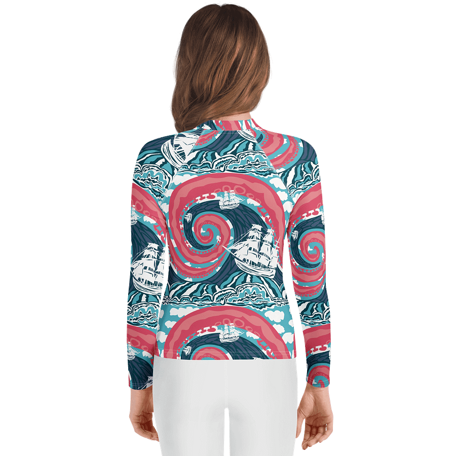 Girls' | YOUTH | Rash Guard | Kraken Vibes, Nautical Adventure | Coastal Swim Shirt for Kids | UV Protection Activewear product image (2)