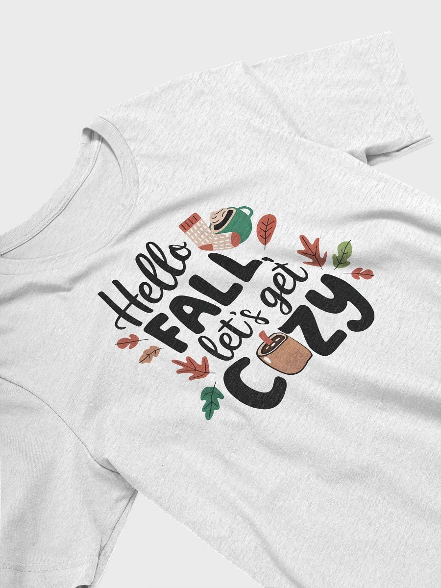 Hello FALL, let’s get COZY” t-shirt, Unique fall fashion, Cozy knit illustrations, Fun gifts for autumn lovers, Autumn-inspired t-shirt, Cozy vibes apparel, Playful motivational message, gift idea product image (3)