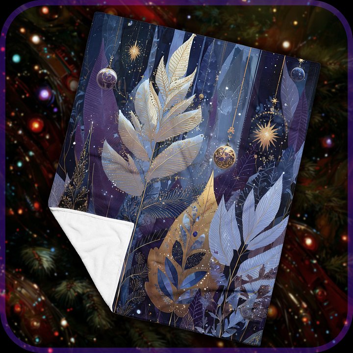 Celestial Forest Throw Blanket | Midnight Blue Gold Feather Fantasy Fleece | Mystical Botanical Home Decor product image (1)