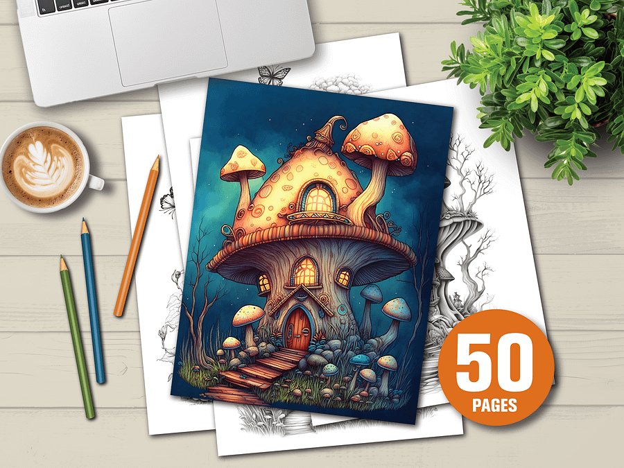 50 Magical Mushroom Houses Coloring Pages With Commercial Rights product image (1)