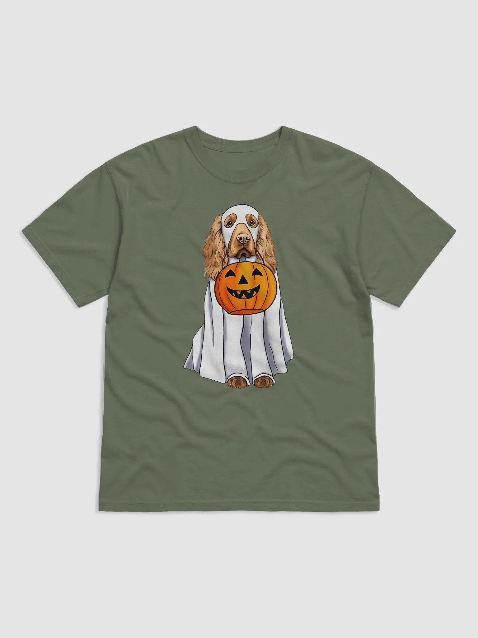 Cocker Spaniel Halloween Tee | Funny Fall Halloween Cocker Spaniel Wearing a Ghost Costume with Pumpkin Basket product image (2)