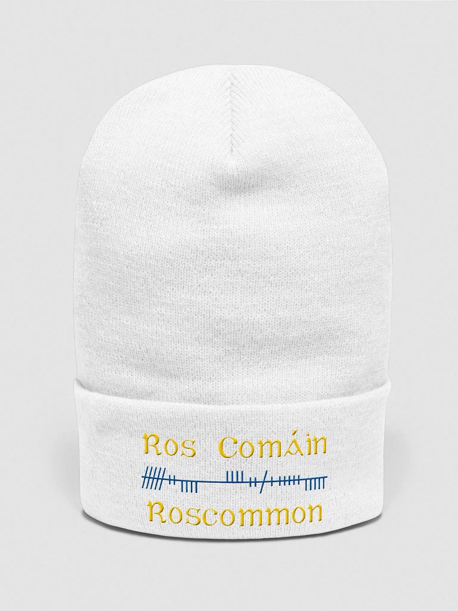 Roscommon/Ros Comáin Orthodox style Ogham, yellow and blue, embroidered Cuffed Beanie product image (1)