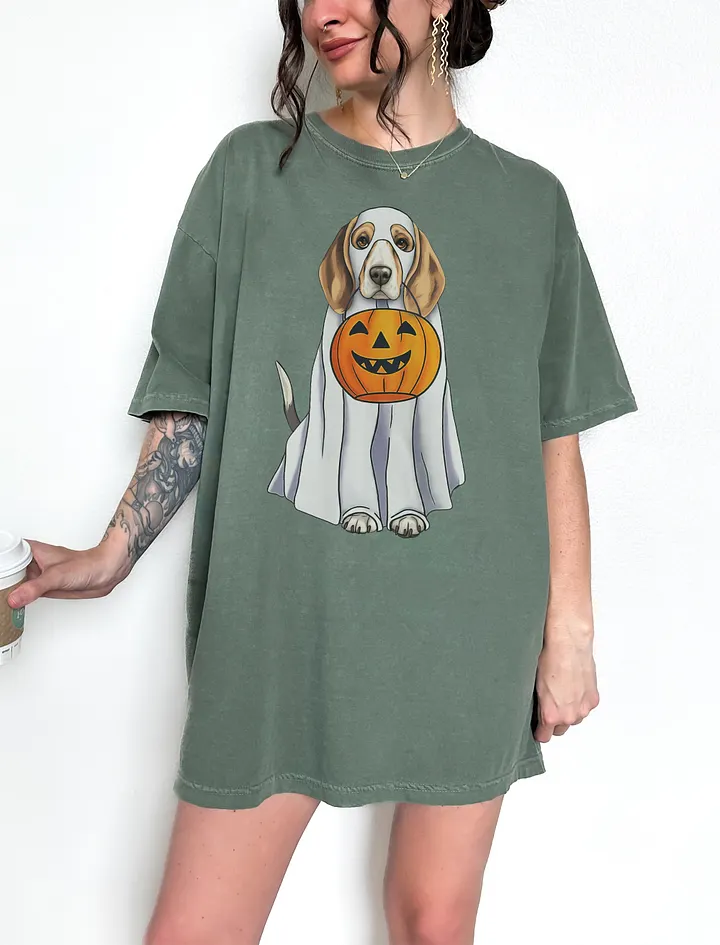 Beagle Halloween Tee | Funny Fall & Halloween Beagle Wearing a Ghost Costume with Pumpkin Basket product image (1)