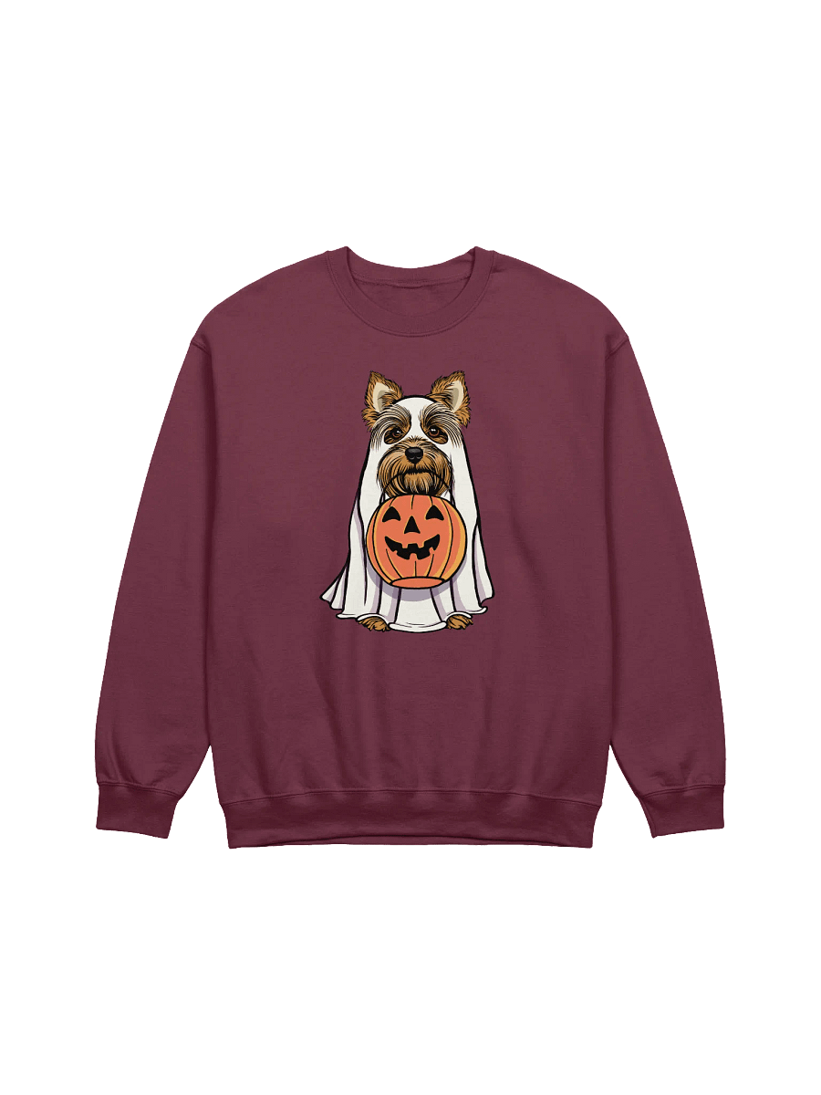 Funny Halloween Yorkshire Terrier Sweatshirt | Funny Yorkie Wearing a Ghost Costume and Holding a Pumpkin Basket product image (12)