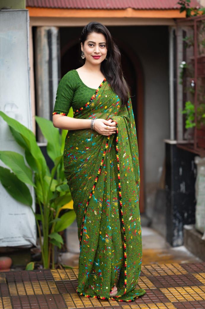 beautifull peinted georgette saree-fancy worli and cartoon prints. product image (2)