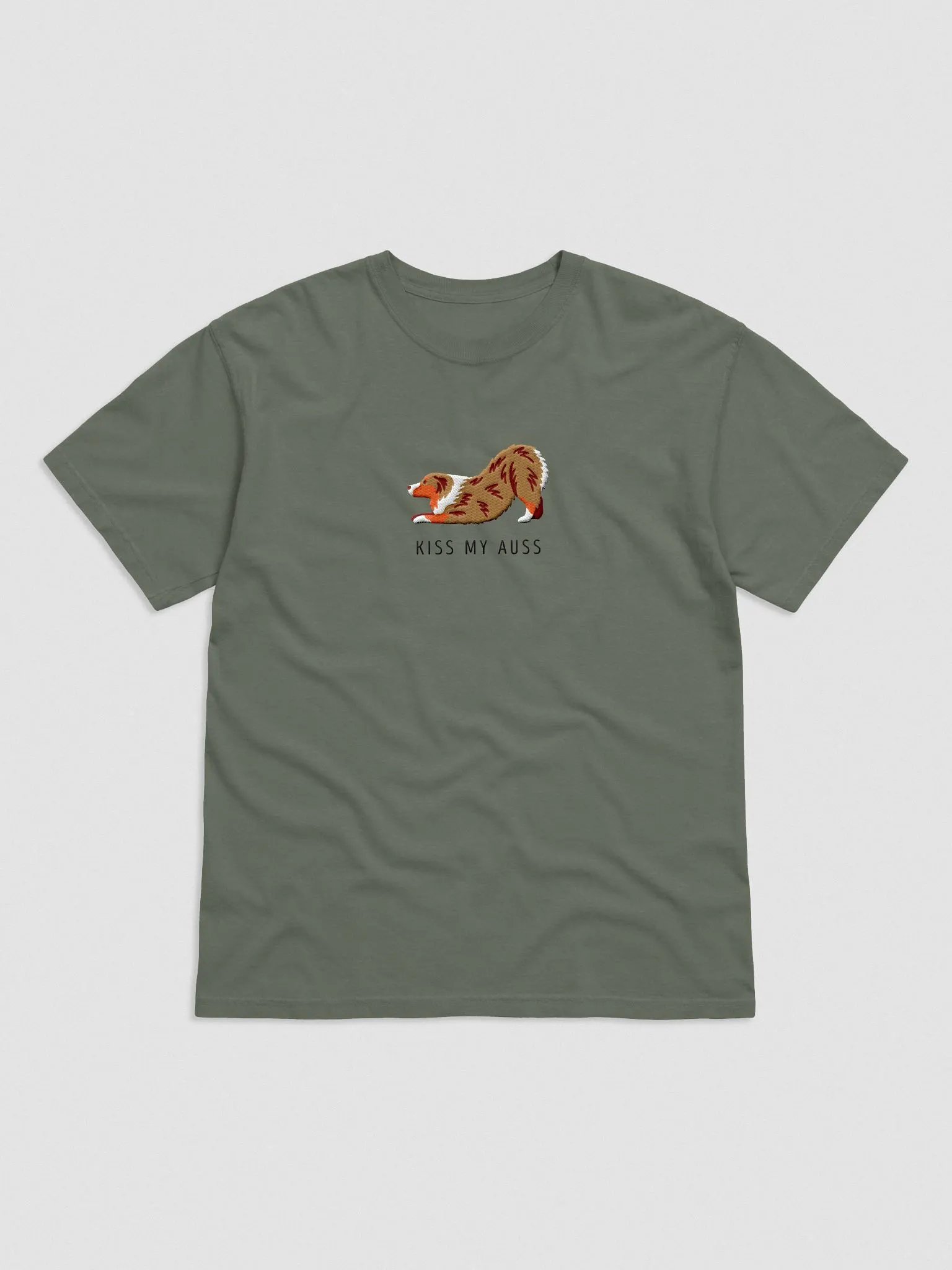 Kiss My Auss(2) T-Shirt(Embroidered) of an Australian Shepherd(Red Merle) product image (4)