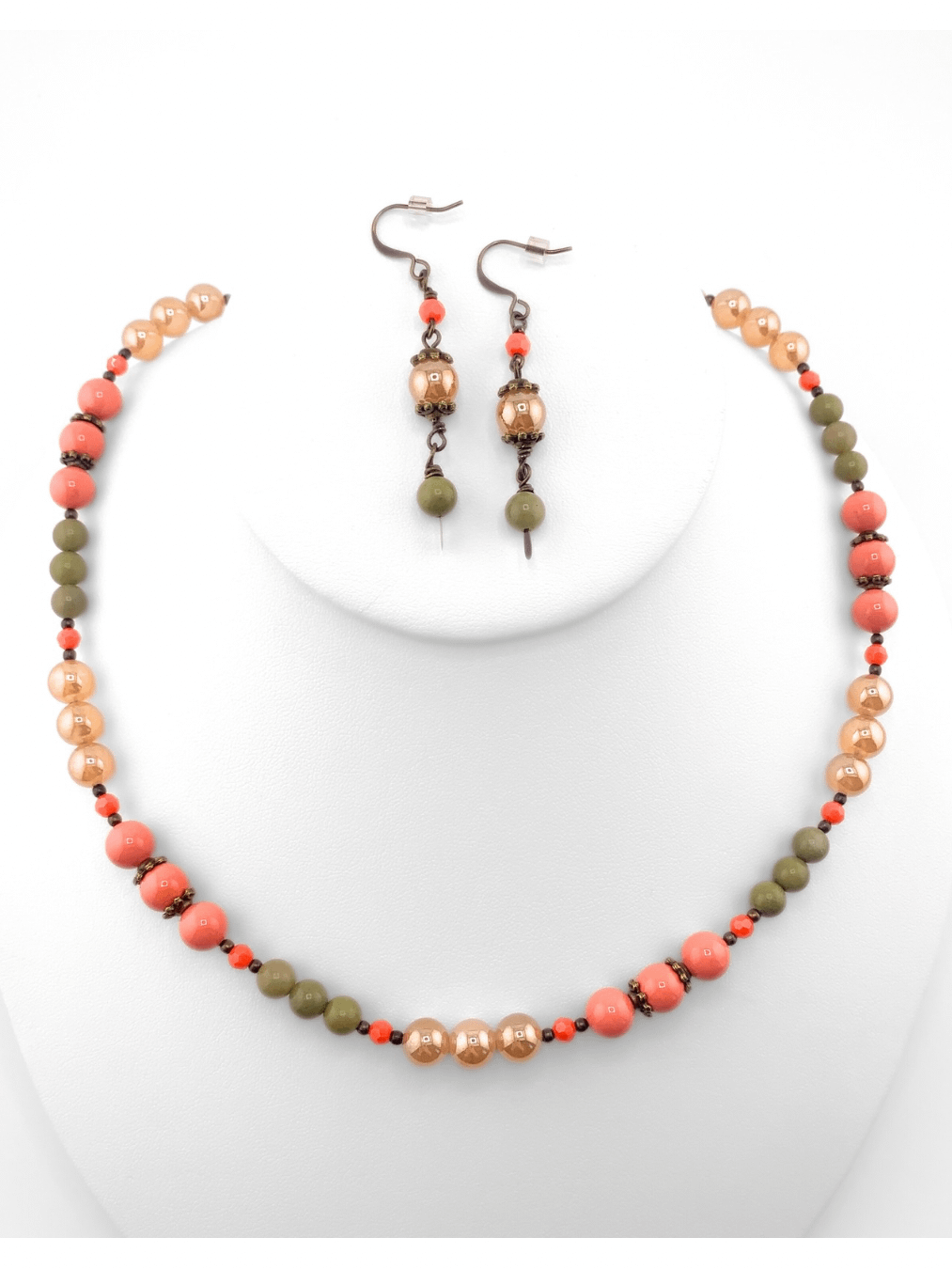 Glass Beaded Single Strand Necklace Set - Peach, Green product image (1)