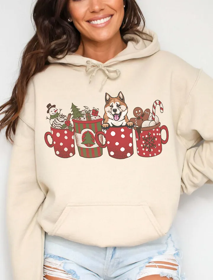 Cute Akita in a Christmas Cup Hooded Sweatshirt | Funny Christmas Pup in a Cup product image (16)