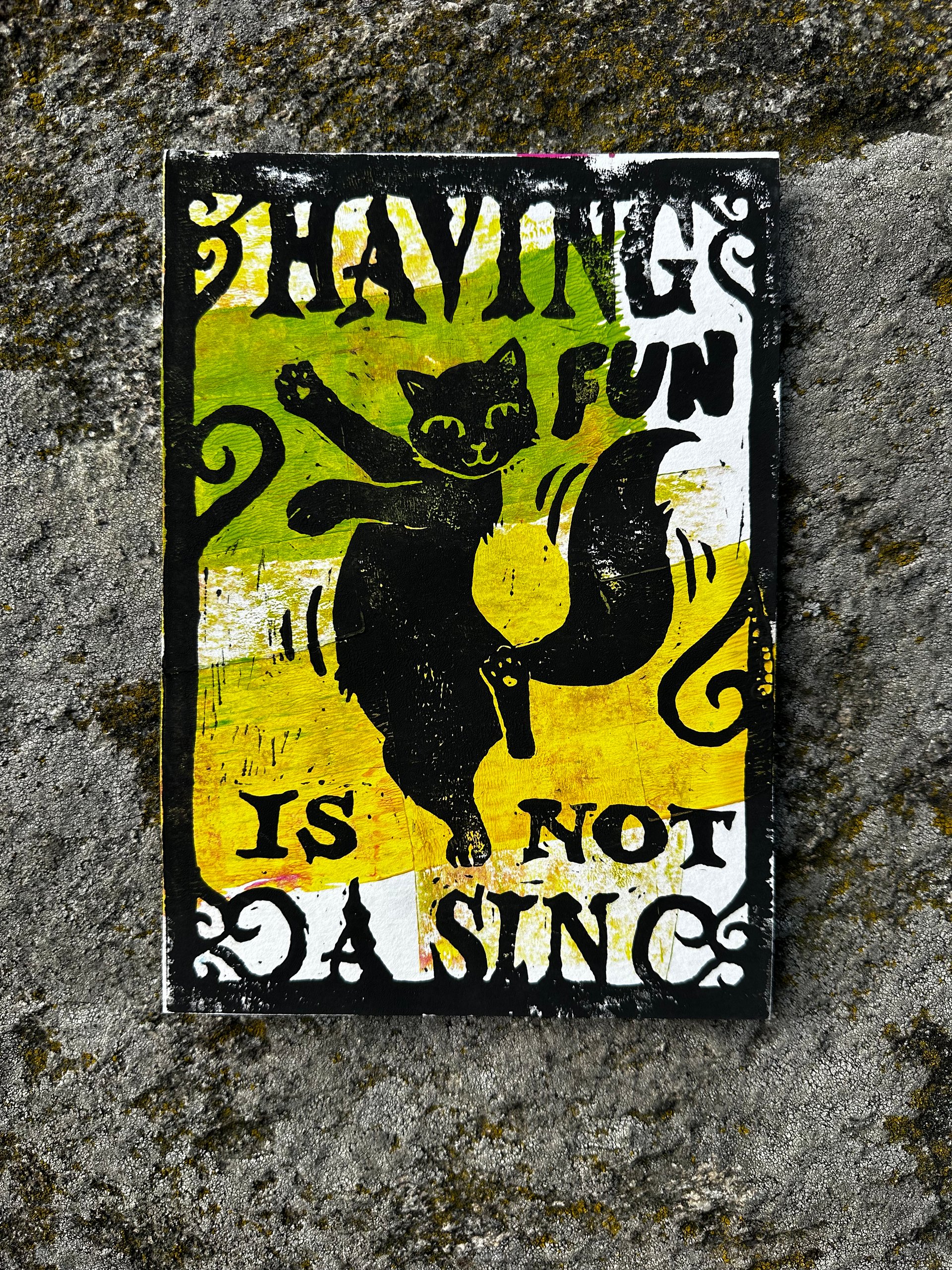HAVING FUN IS NOT A SIN dancing cat original lino print (5) product image (1)
