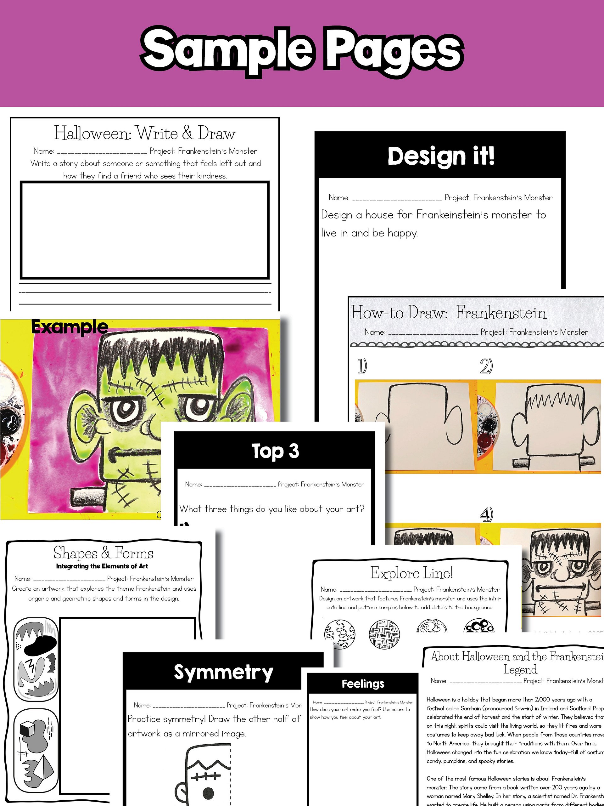 Halloween Frankenstein Art Lesson with Reading, Writing & Step-by-Step Tutorial (Grades 1–4) product image (9)