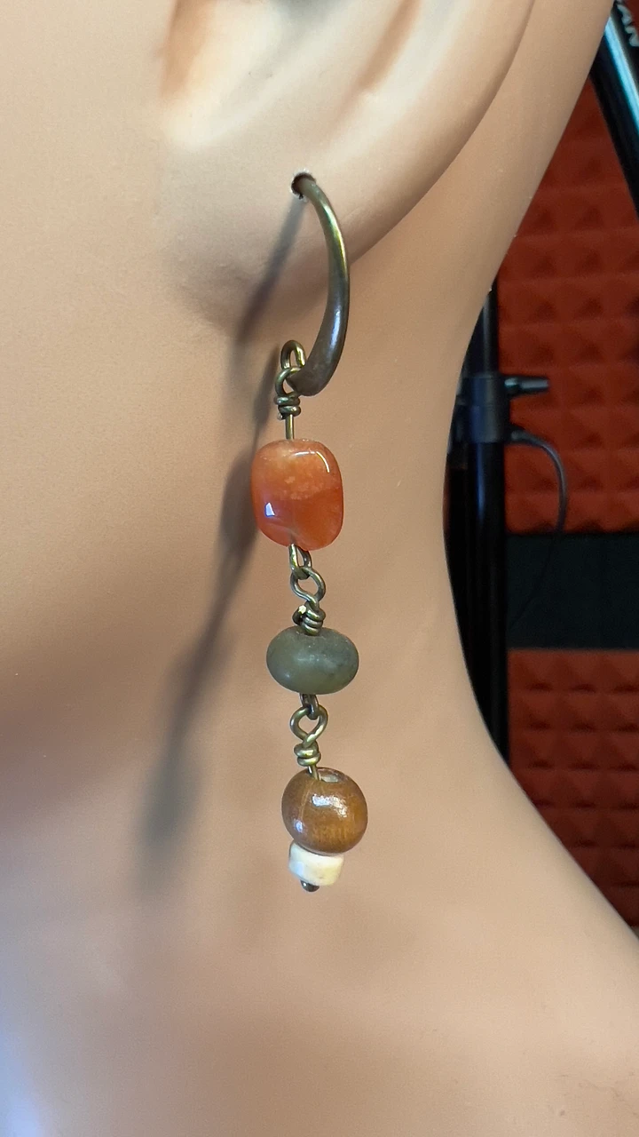 Earrings - Carnelian, Soocho Jade, Wood Beads, and Natural Coconut Rondelles - Hand-made by JB product image (2)