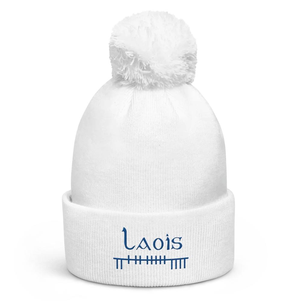 Laois Orthodox style Ogham, white with blue, embroidered Pom-Pom Beanie product image (1)