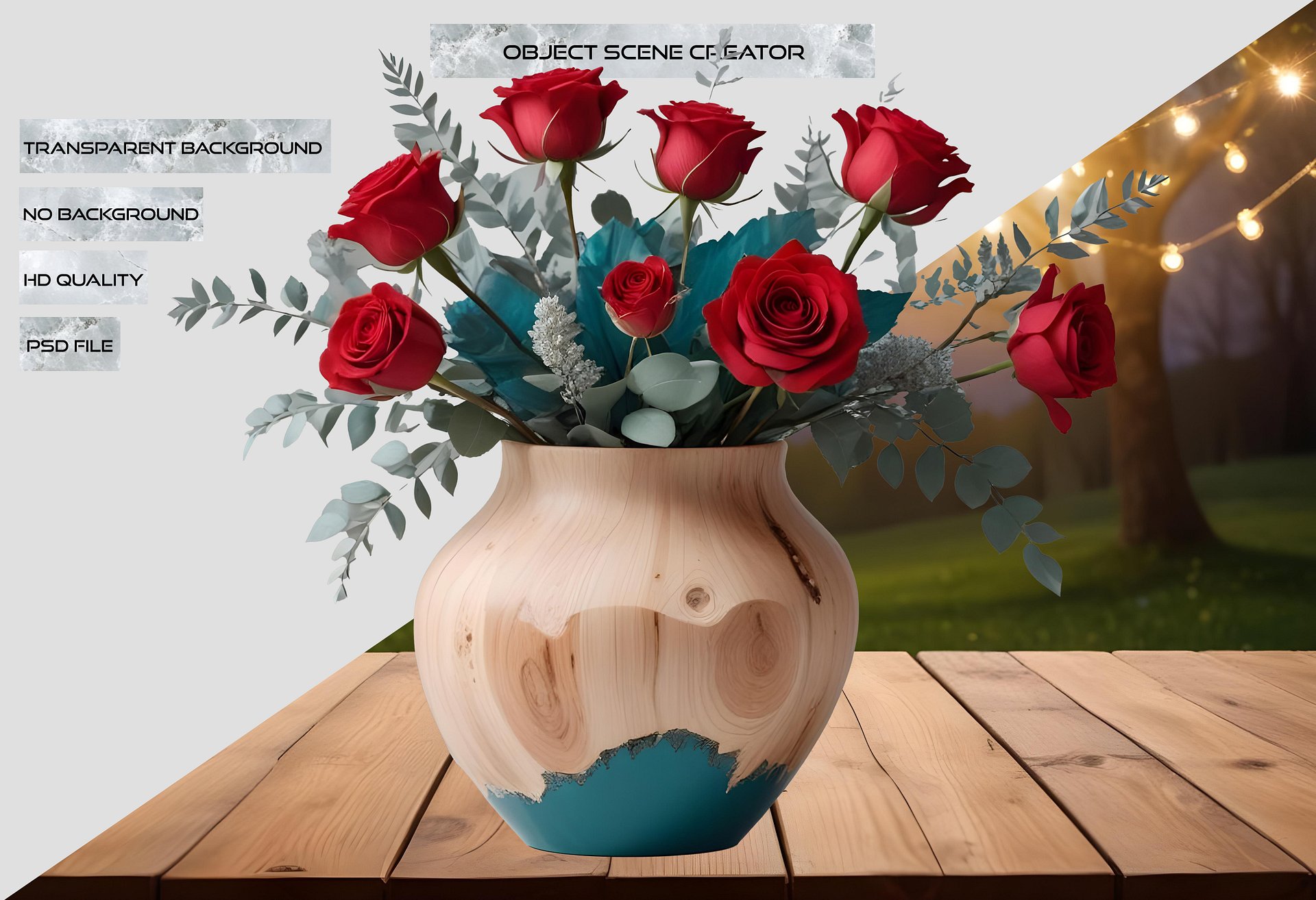 Rustic Teal and Wooden Vase with Red Roses PNG product image (2)