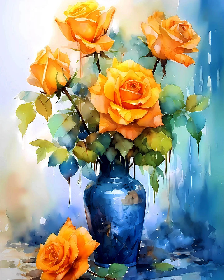 Sun-kissed Roses in Sapphire Vase Watercolor Print Matte Poster product image (1)