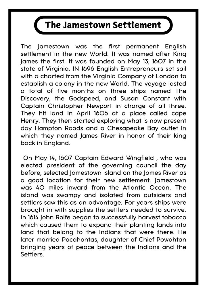 The Jamestown Settlement Reading Comprehension Passage and Questions | Printable PDF product image (2)