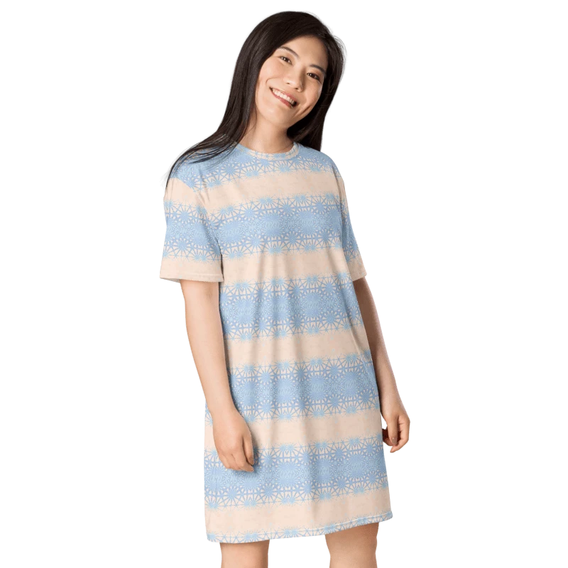 Abstract Subtle Dusky Blue and Peach Ladies T Shirt Dress product image (10)