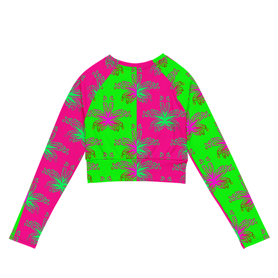 Cannabis Stoner Circus Stripes Recycled Long-Sleeve Crop Top, 420 Summertime Beach Weed Shirt, Neon Green Hot Pink Pot Leaf Pattern Clothing product image (3)