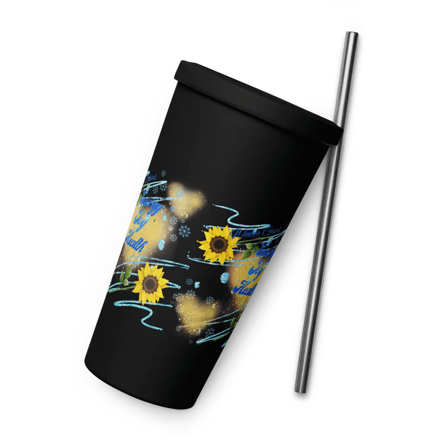 Insulated Tumbler with straw with beautiful swirly  water drop splash and drops design, featuring ‘This water gives Harmony in Body and Mind