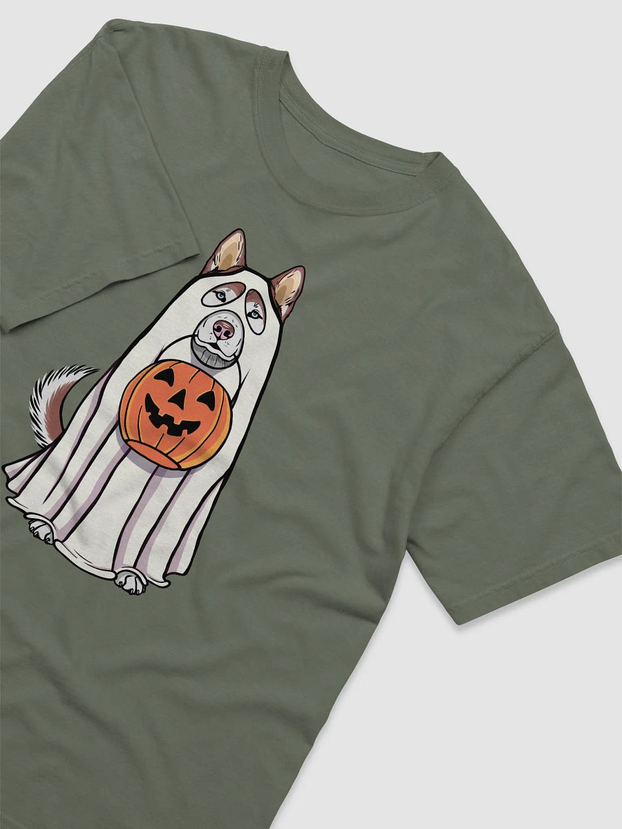 Funny Halloween Siberian Husky(Red) T-Shirt | Funny Husky Wearing a Ghost Costume and Holding a Pumpkin Basket product image (6)