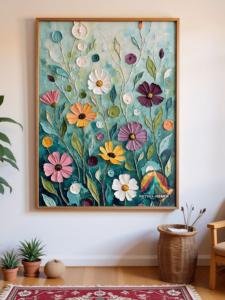 Whimsy in Bloom – Retro Floral Wall Art with Textured Wildflowers on Aqua Teal product image (2)