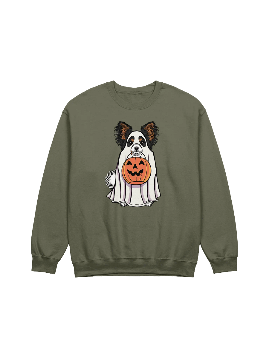 Funny Halloween Papillon(Tricolor) Sweatshirt | Funny Papillon Wearing a Ghost Costume and Holding a Pumpkin Basket product image (13)