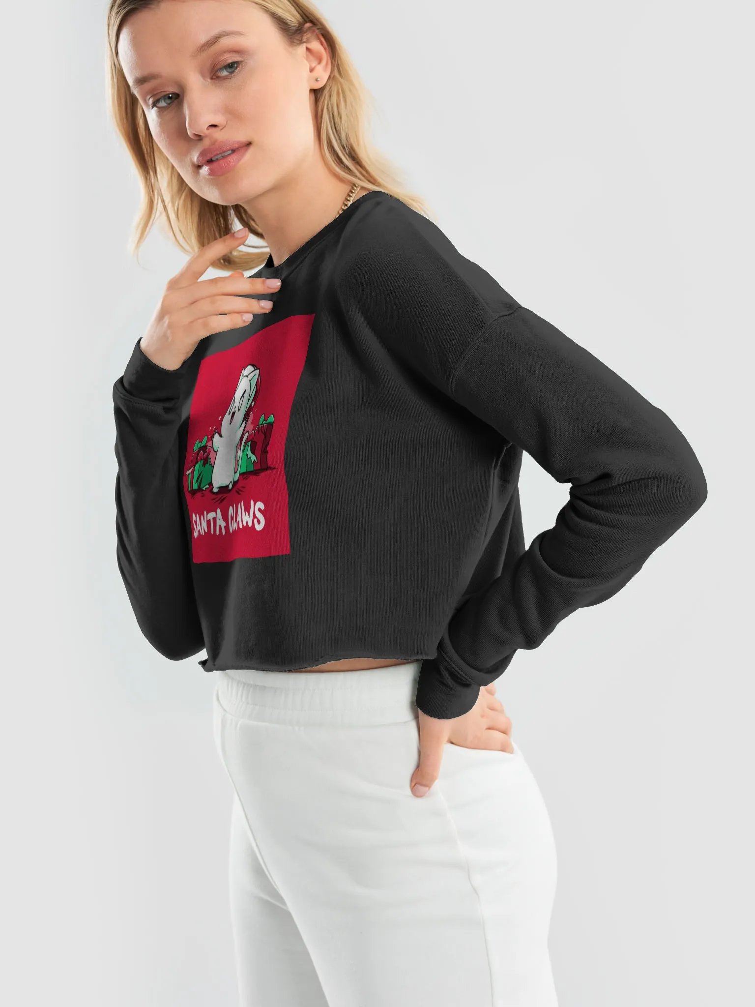 Santa Claws Evil Cute Cat Fleece Crop Sweatshirt product image (48)