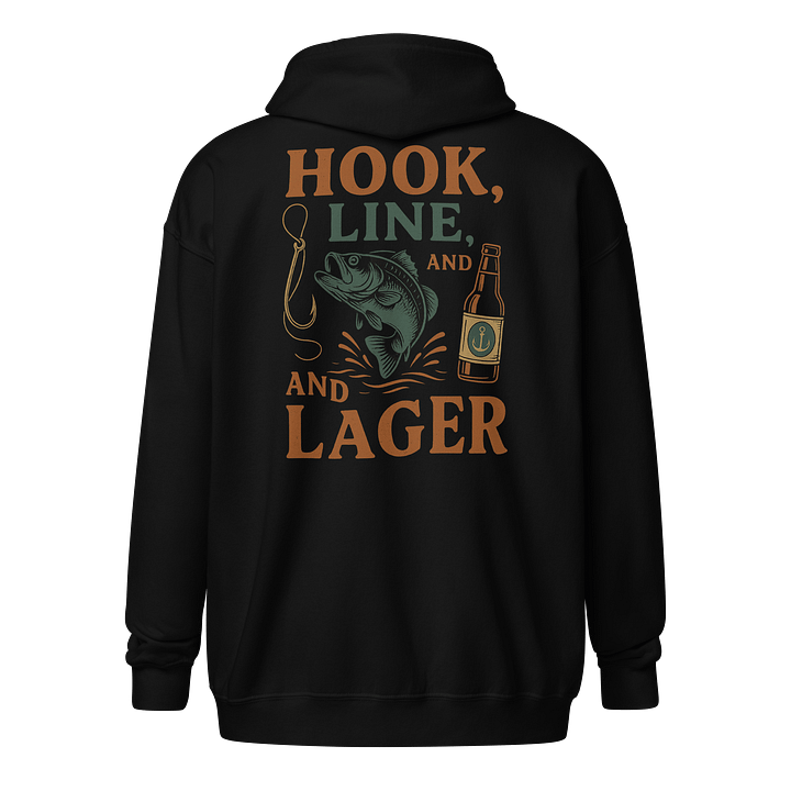Hook, Line, & Lager Zip Hoodie – Funny Angler Hoodie with Beer & Bass Design product image (1)