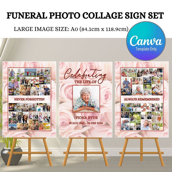 Pink Roses Funeral Photo Collage Sign Set Canva Template product image (1)