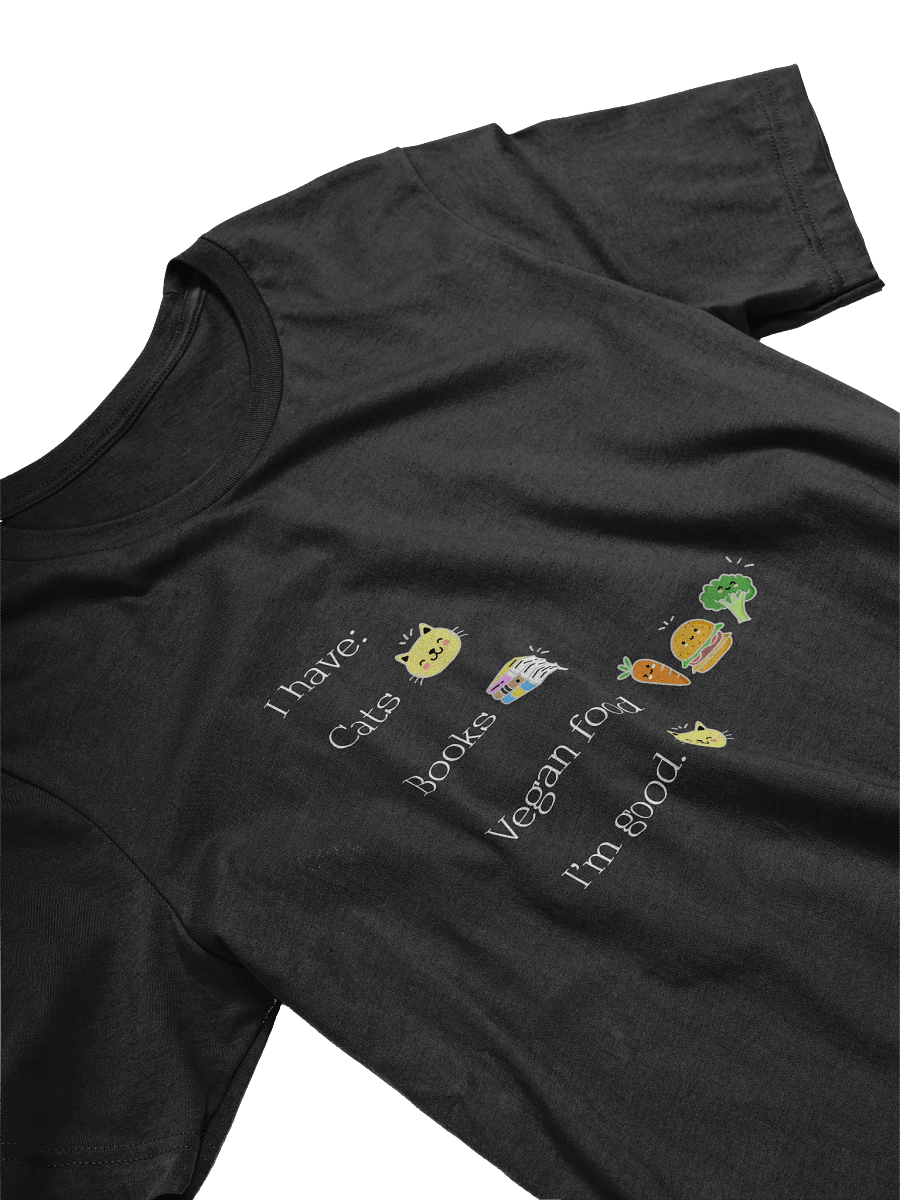 “Cats, Books, Vegan Food” Unisex Black T-Shirt product image (2)