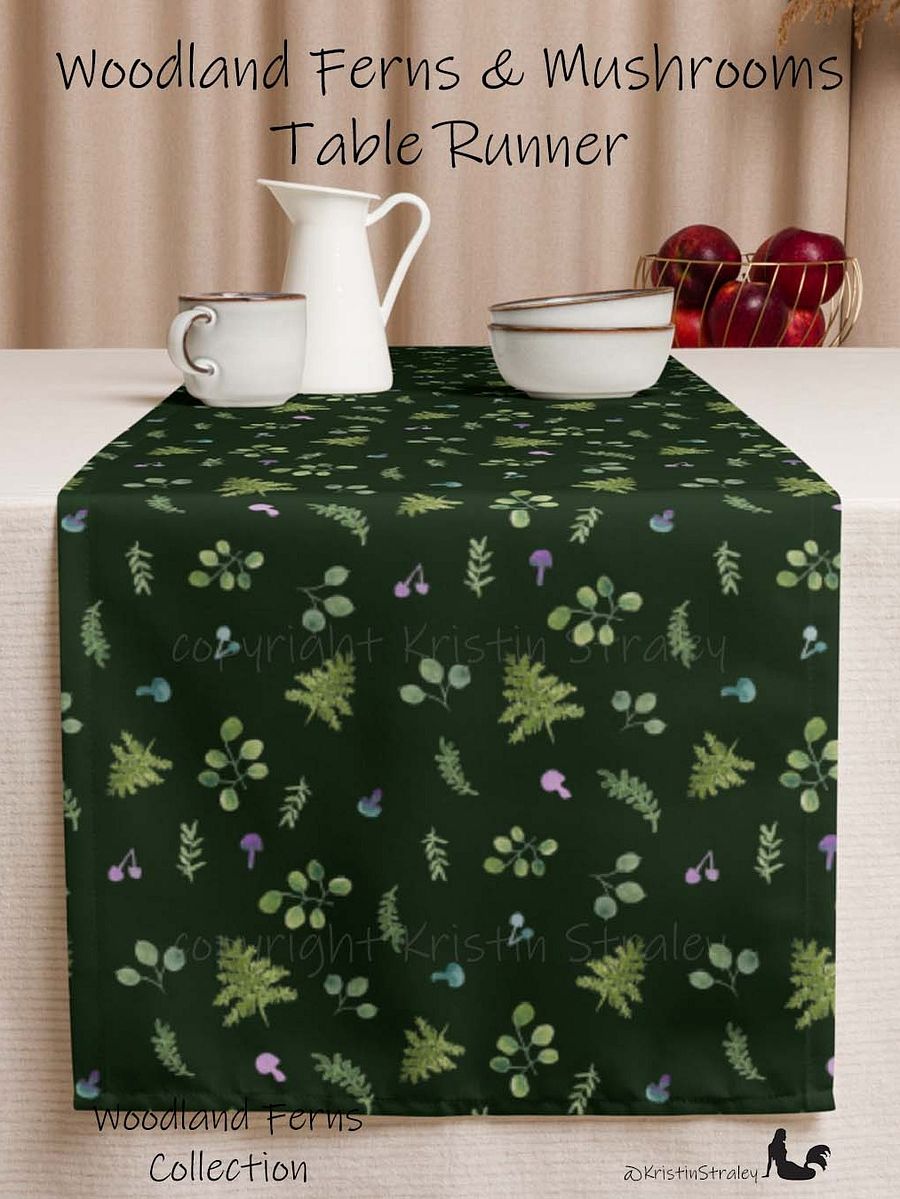 Woodland Ferns & Mushrooms on Dark Green Table Runner product image (1)