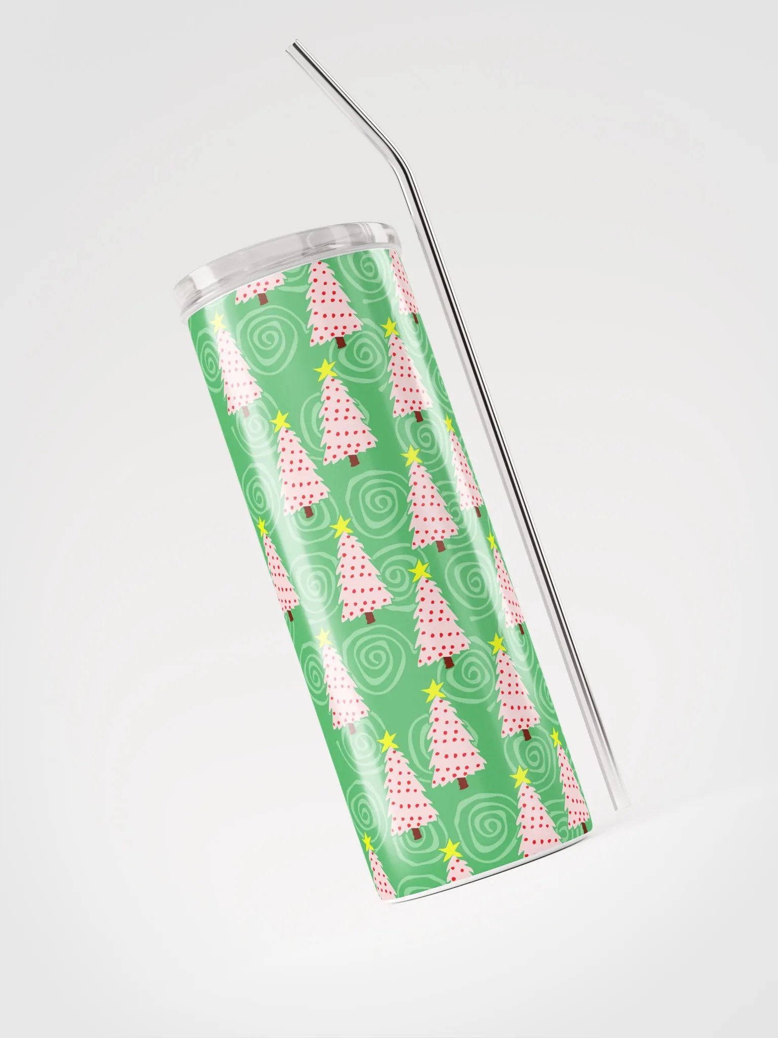 Pink Christmas Trees on Green Spirals Stainless Steel Tumbler with Straw product image (10)