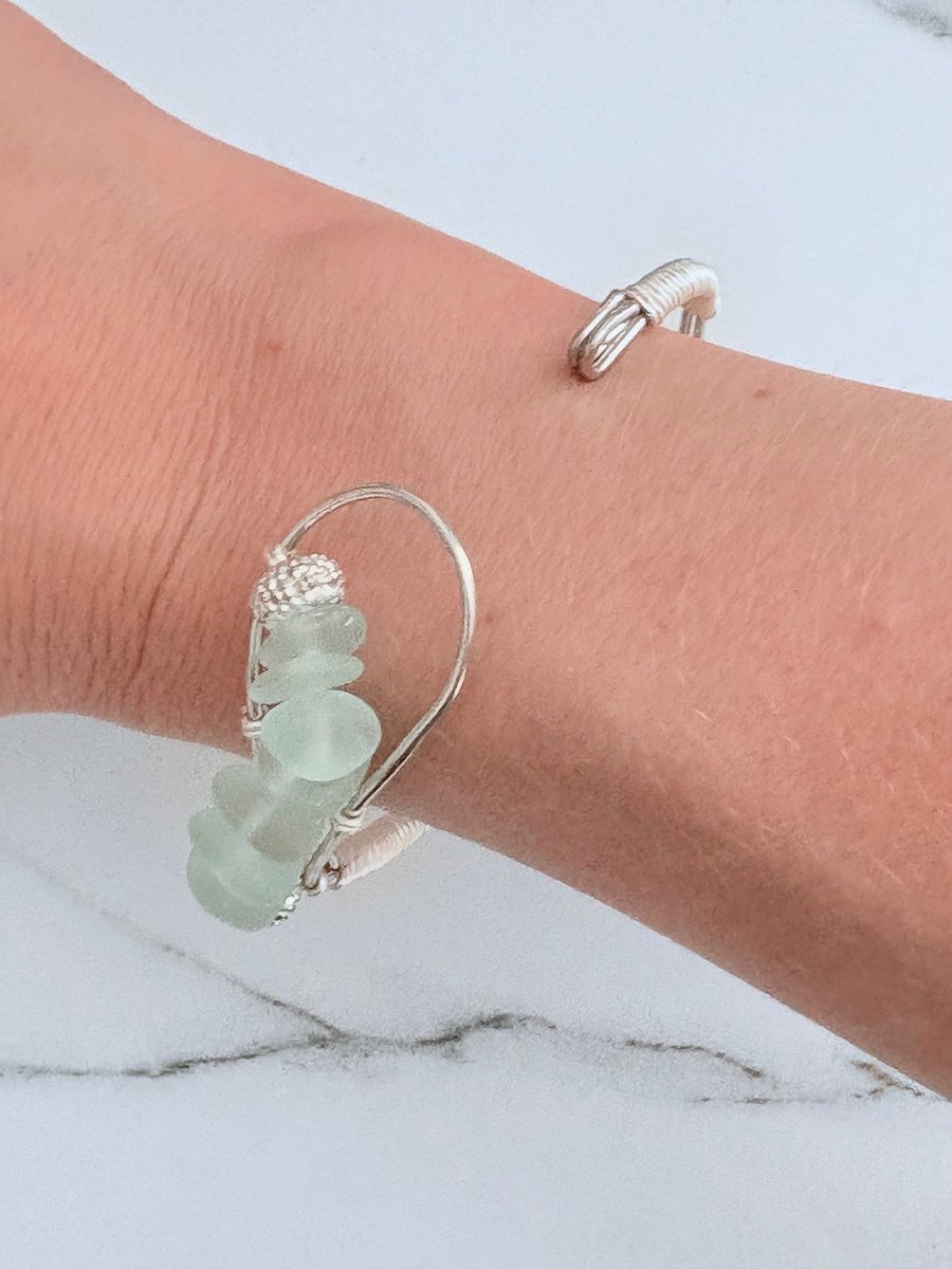 Seafoam Pebble Tide Bracelet | Wire-Wrapped Sea Glass | Handmade 6" Coastal Charm by Monique Faella Designs™ | MFD-00199 product image (6)