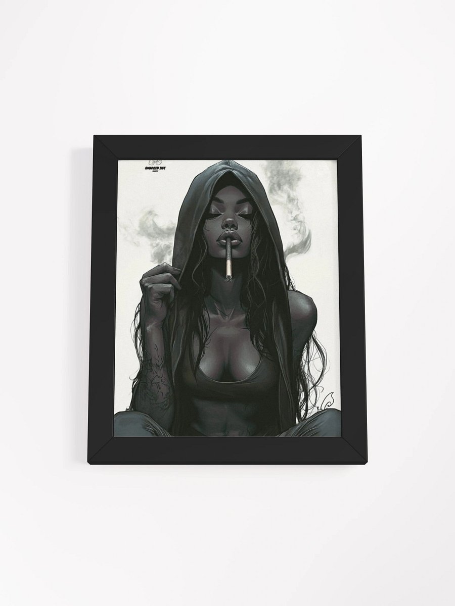 Hooded Goddess Smoke” Framed Poster – Black Woman Cannabis Art for Homes, Mancaves, Lounges & Dispensaries product image (1)