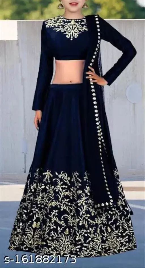Indian Traditional Taffeta Silk Embroidered Lehenga Choli For Girls - Blue product image (1)