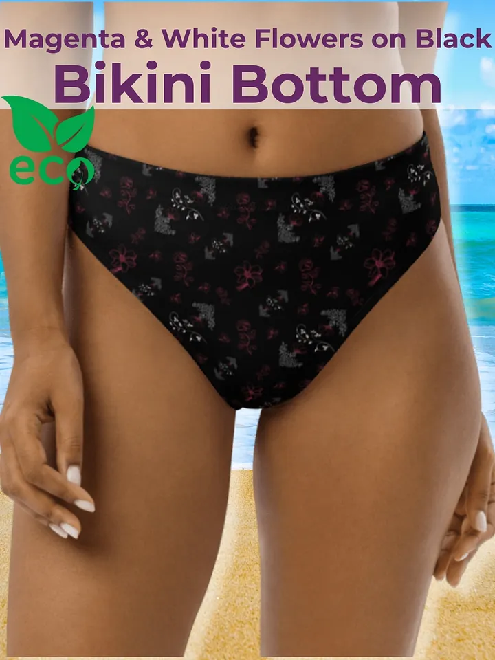 Magenta and White Flowers on Black Eco-Green Bikini Swimsuit Bottoms product image (1)